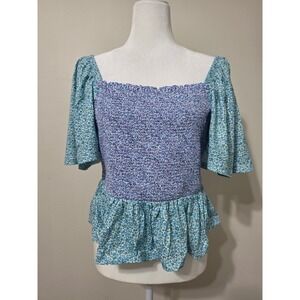 Free The Roses Anthropologie Floral Smocked Peplum Top Blue Multi Large JJ1177T